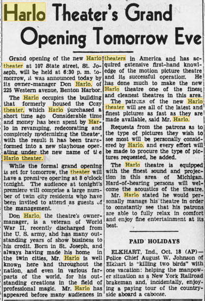 Harlo Theater - 20 Oct 1944 Grand Opening Article